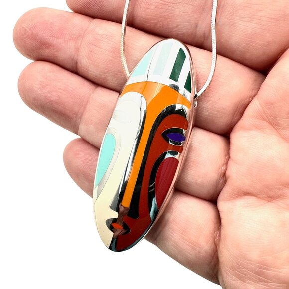 Rare Menegatti Italy Sterling Silver Enamel Mask Pendant Necklace - Picture 4 of 5